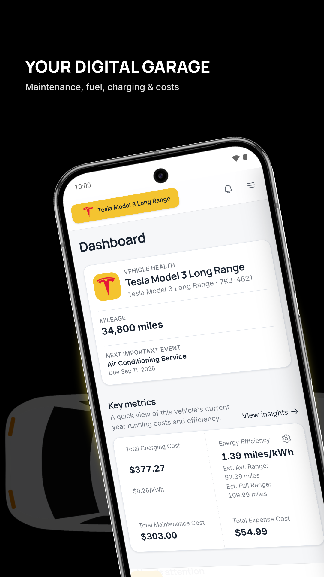 Autozis dashboard showing a vehicle overview, upcoming service, mileage, charging cost, maintenance cost, and total expenses