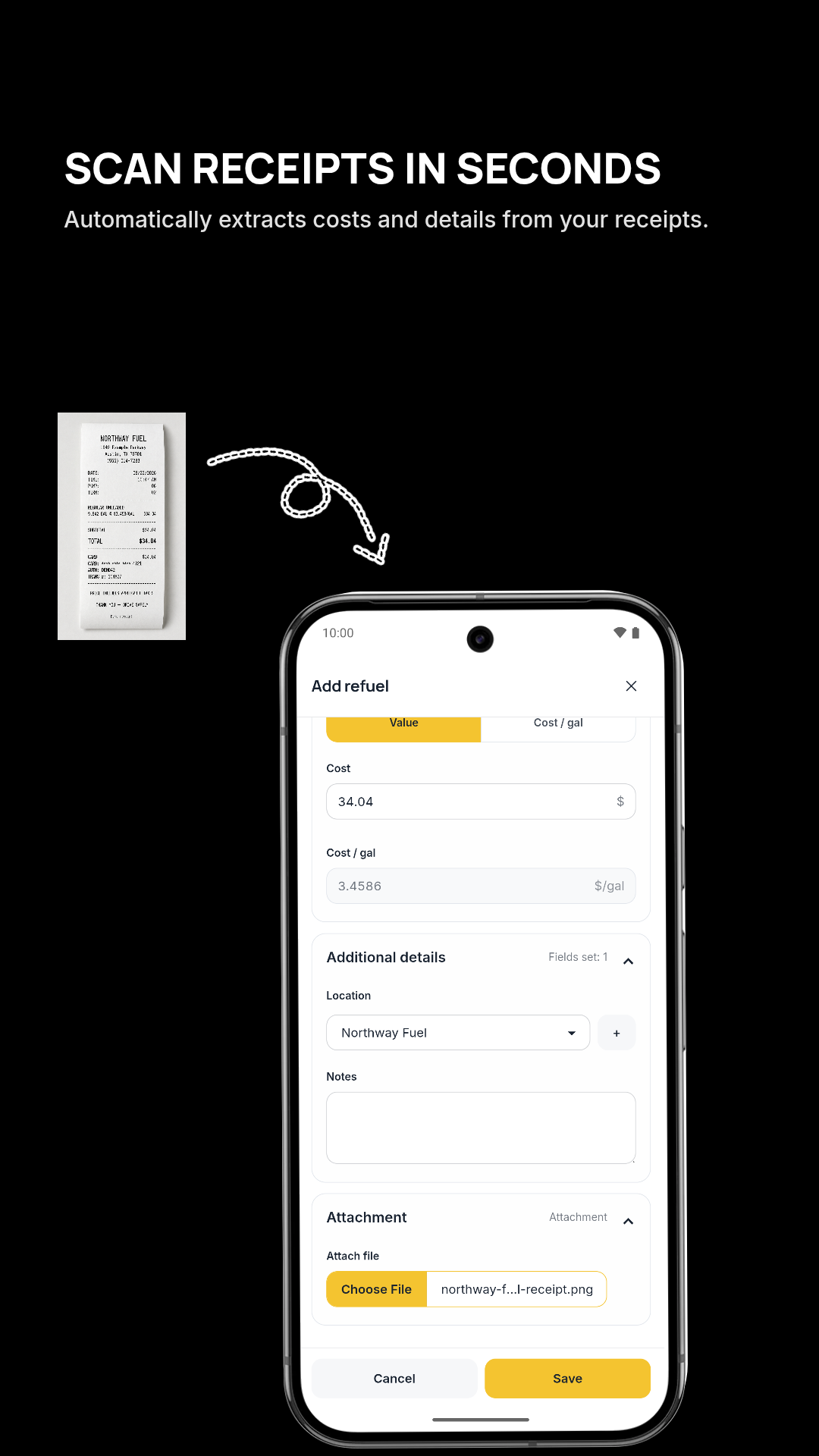 Autozis receipt scanning flow showing a receipt converted into a refuel record with cost, location, notes, and attachment