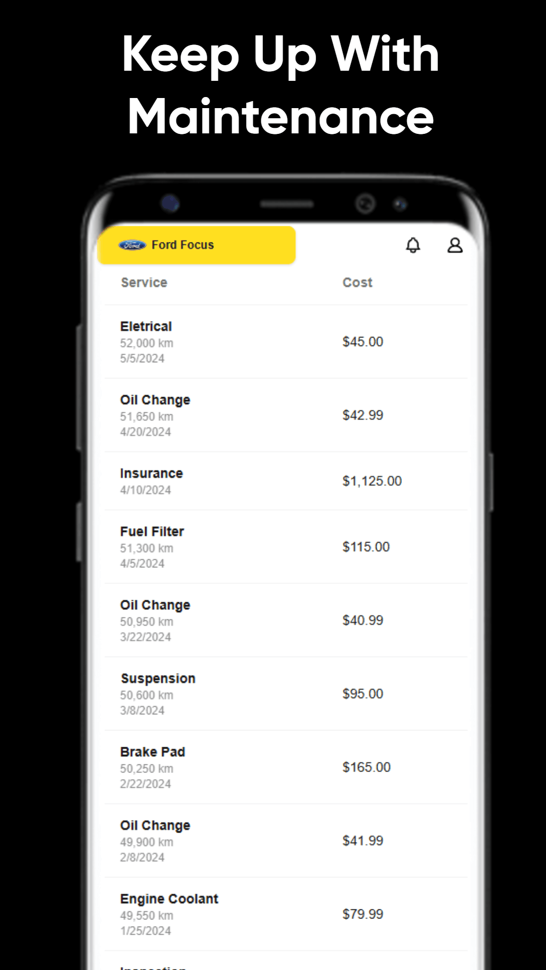 Autozis maintenance log showing scheduled services, oil changes, and repair history with dates and costs