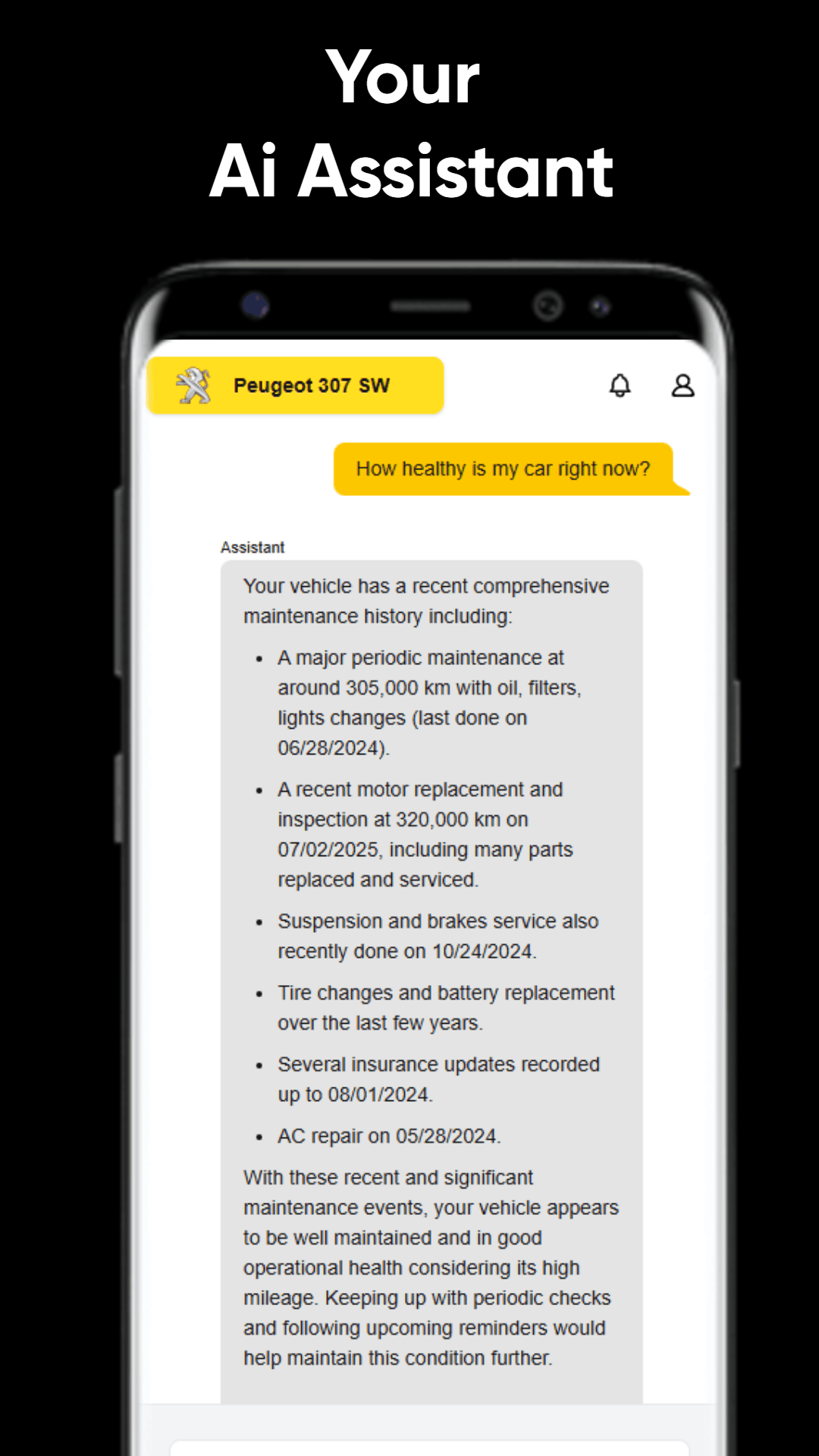 Autozis AI vehicle assistant answering questions about service history, fuel spending, and upcoming maintenance