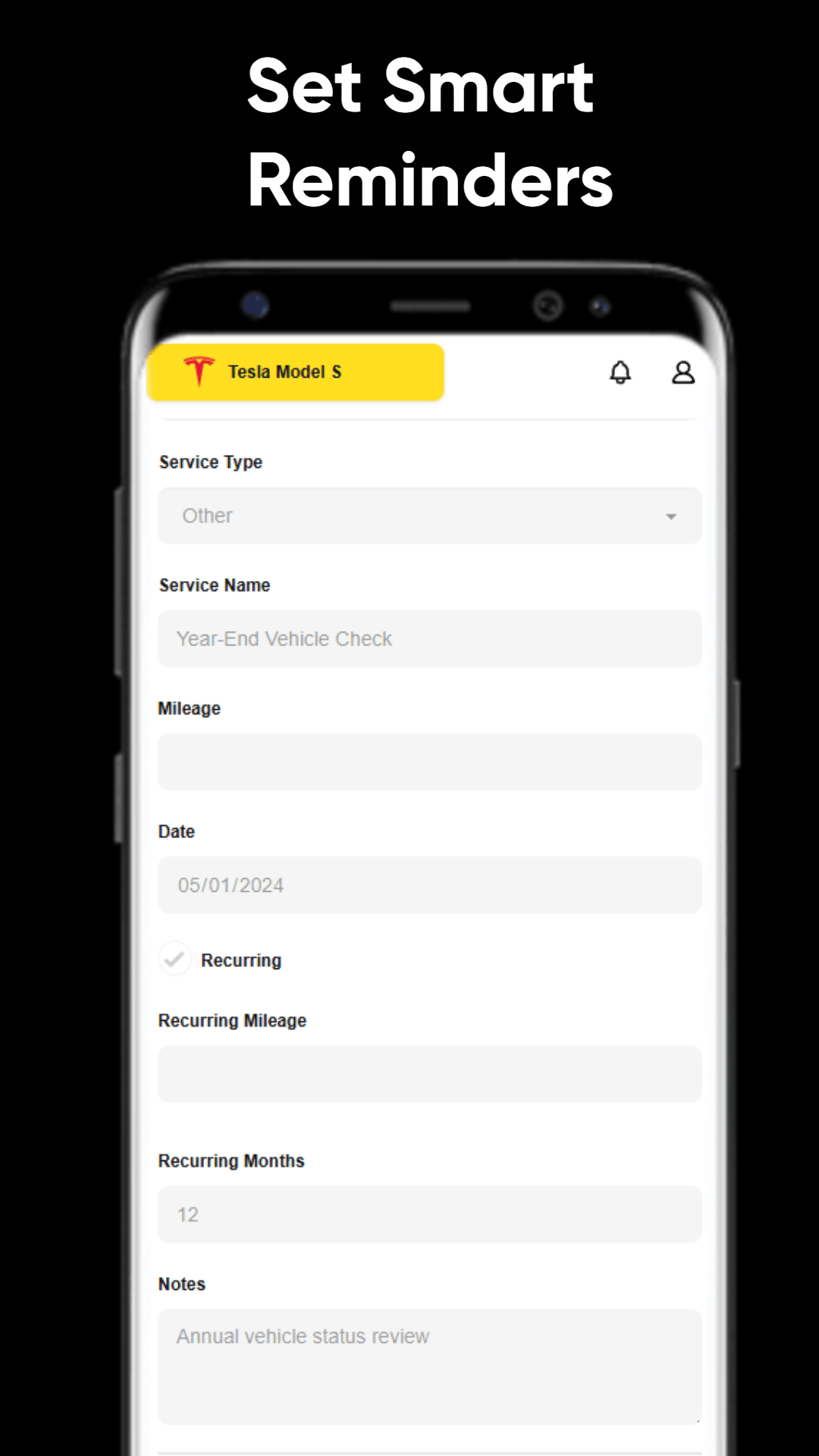 Autozis smart reminder settings for oil changes, tire rotations, and inspections based on time and mileage